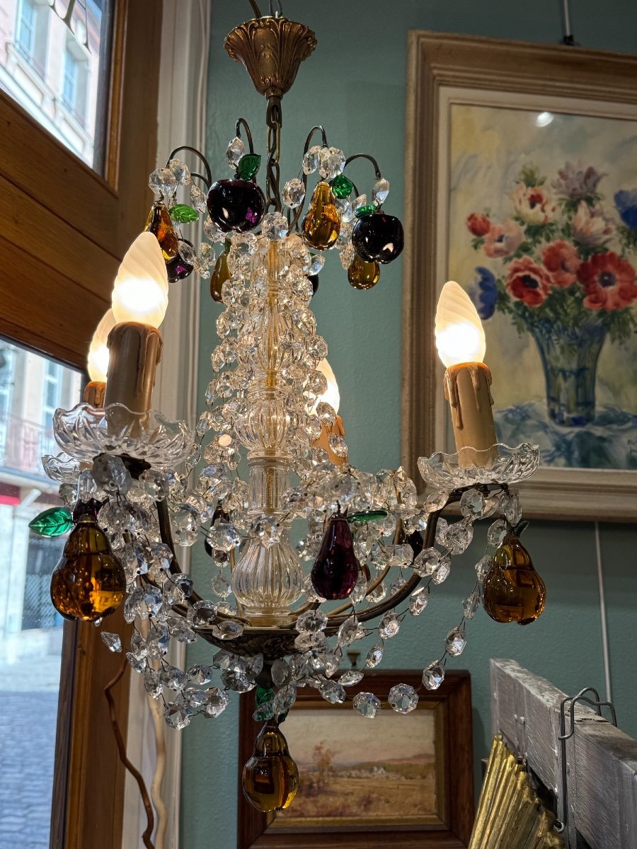 Antique Chandelier With Tassels And Apple Pear Crystal Pendants Early 20th Century Murano Italian Italy-photo-2