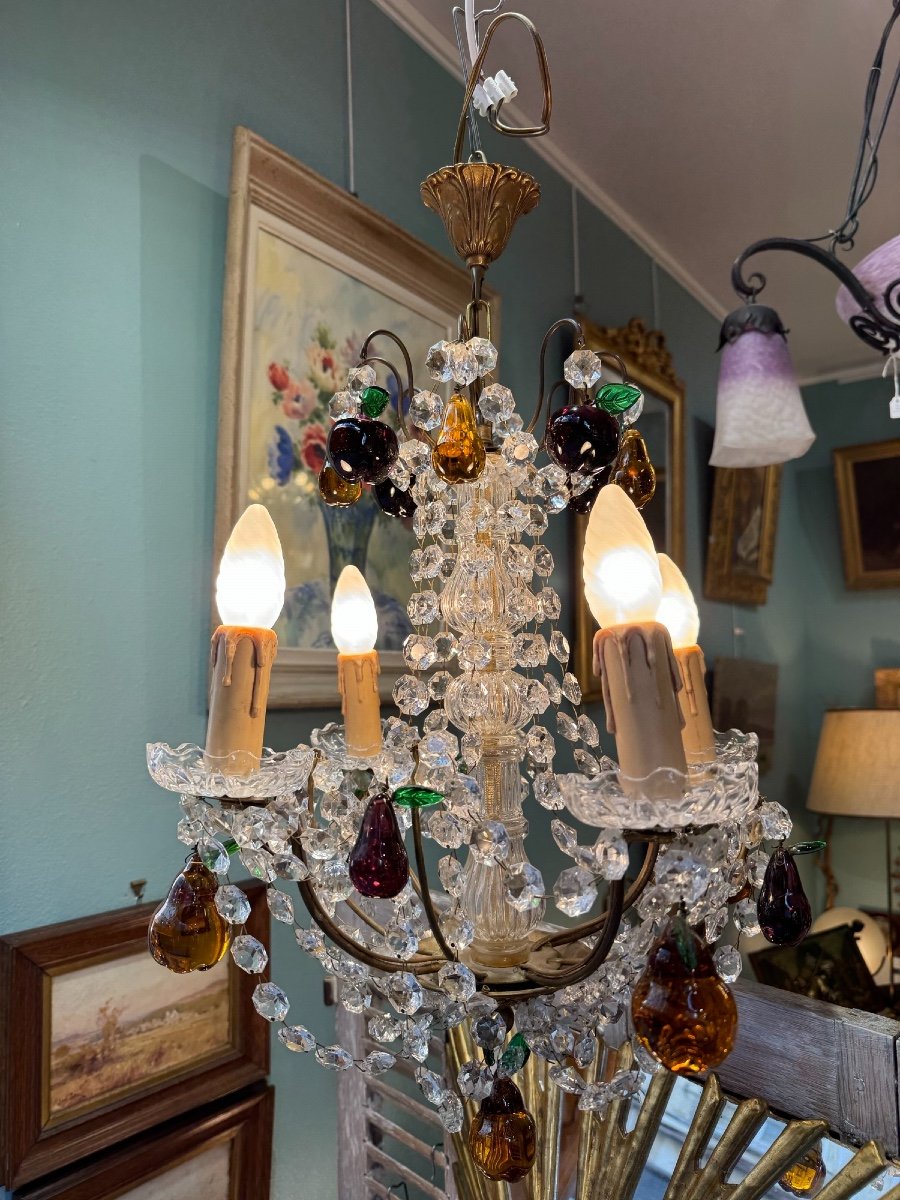 Antique Chandelier With Tassels And Apple Pear Crystal Pendants Early 20th Century Murano Italian Italy-photo-7