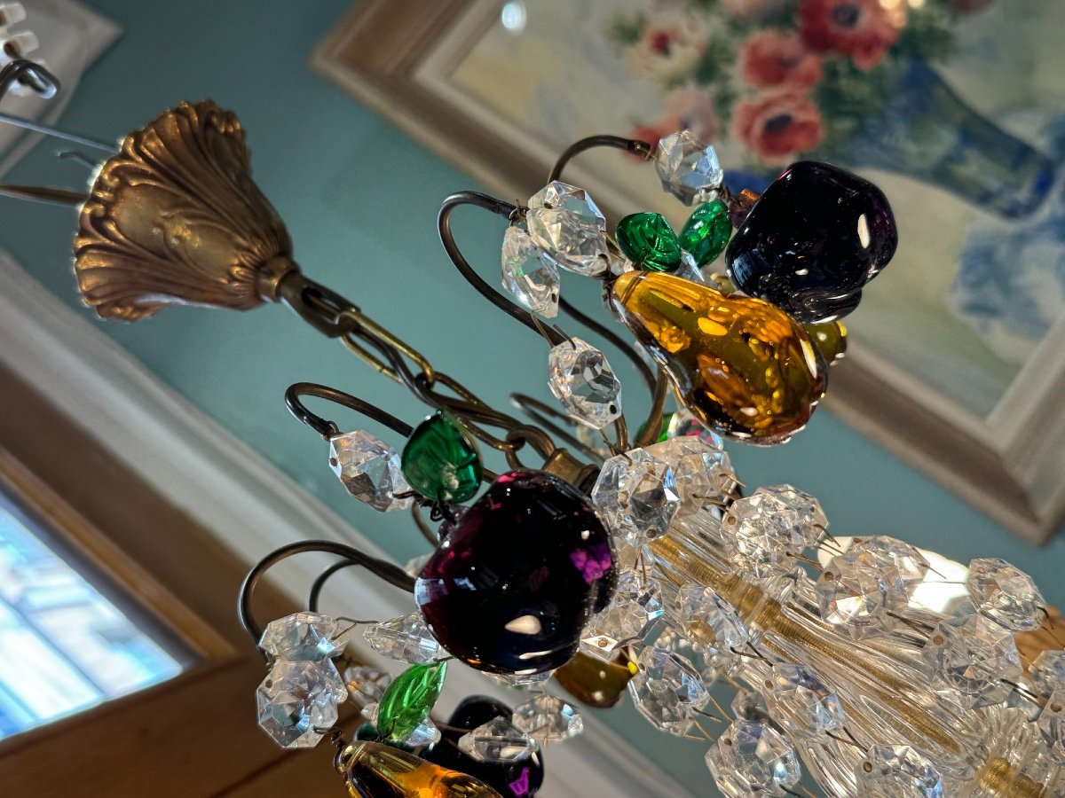 Antique Chandelier With Tassels And Apple Pear Crystal Pendants Early 20th Century Murano Italian Italy-photo-8