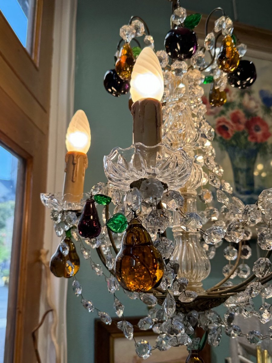 Antique Chandelier With Tassels And Apple Pear Crystal Pendants Early 20th Century Murano Italian Italy
