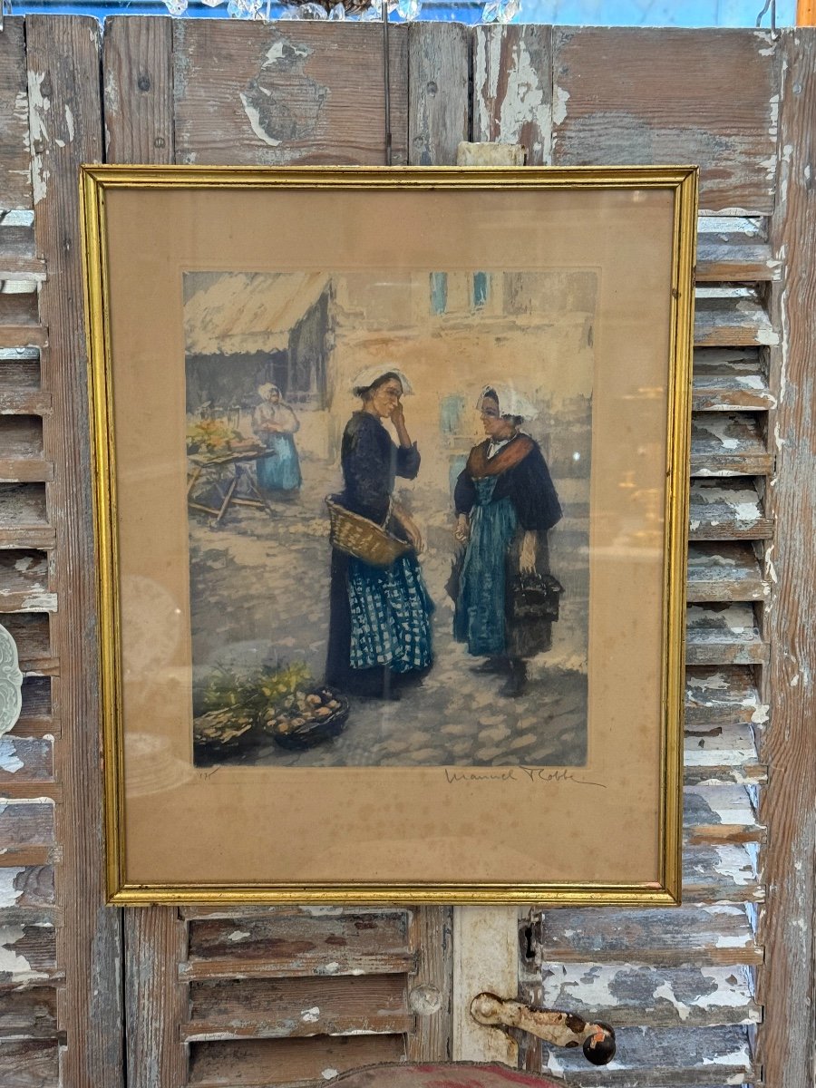 Ancien Tableau Aquatinte Marché Breton Par Manuel Robbe Début XX Eme Marine Bretonne-photo-3