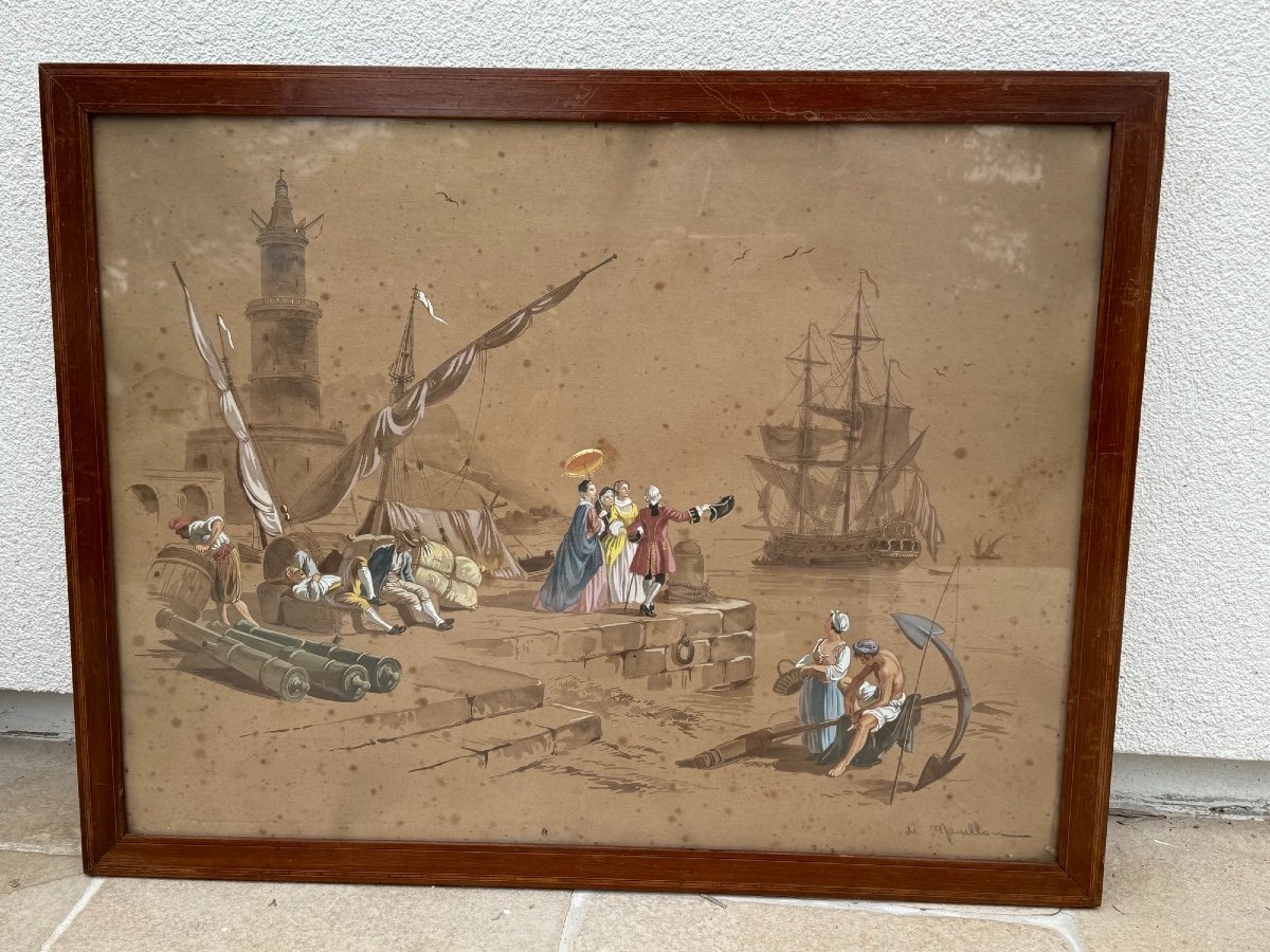 Old Large Print Enhanced With Gouache By De Marcillac 19th Century Possible Pair Of Paintings