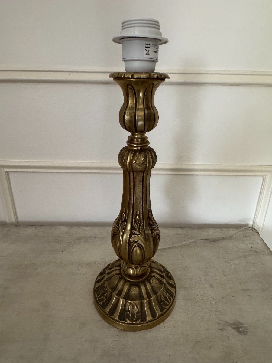 Ancienne Lampe En Bronze Doré Ciselé Début Du XIX / XX Eme Bougeoir Monté En Lampe Ancien -photo-2