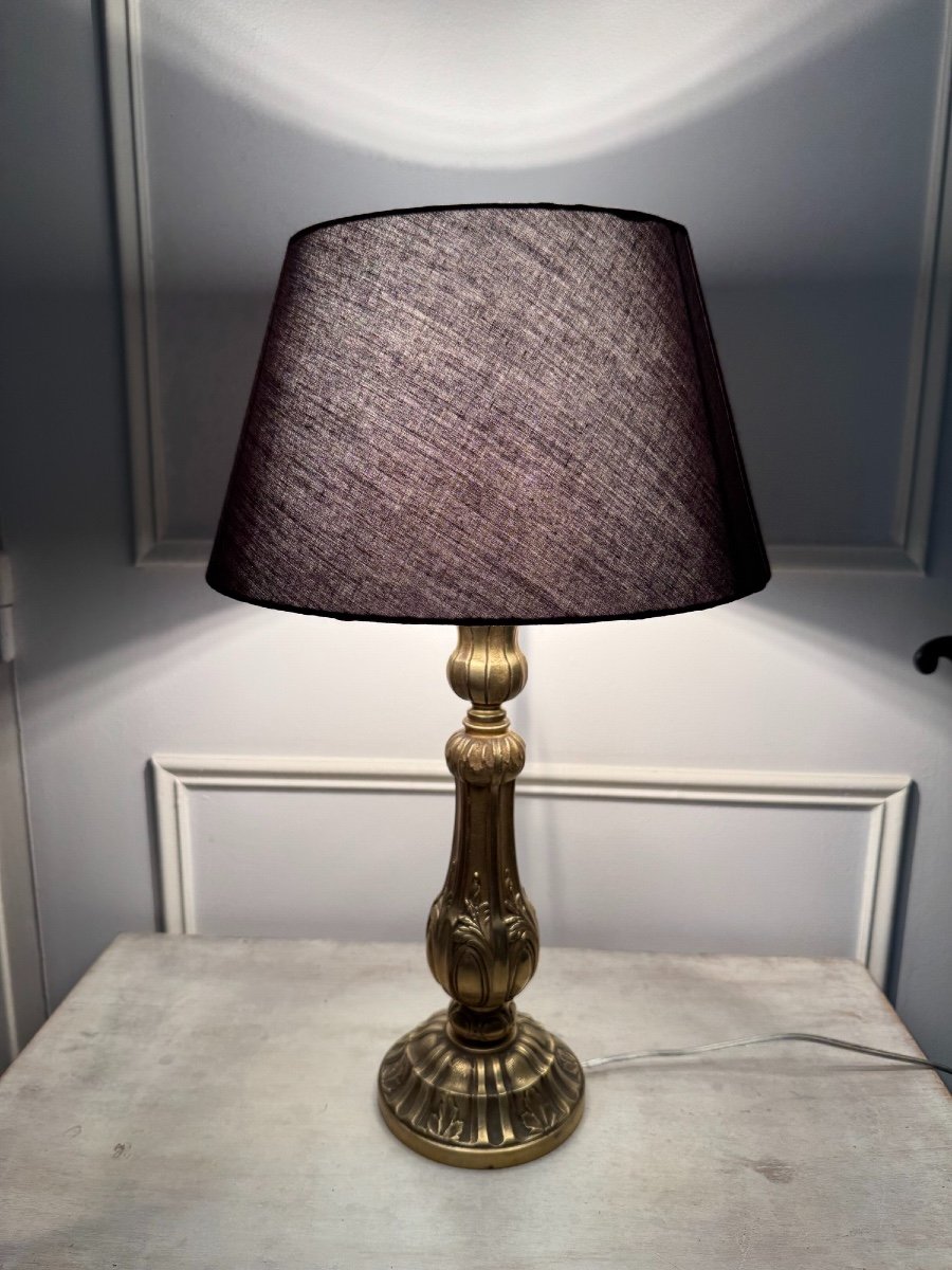 Ancienne Lampe En Bronze Doré Ciselé Début Du XIX / XX Eme Bougeoir Monté En Lampe Ancien 