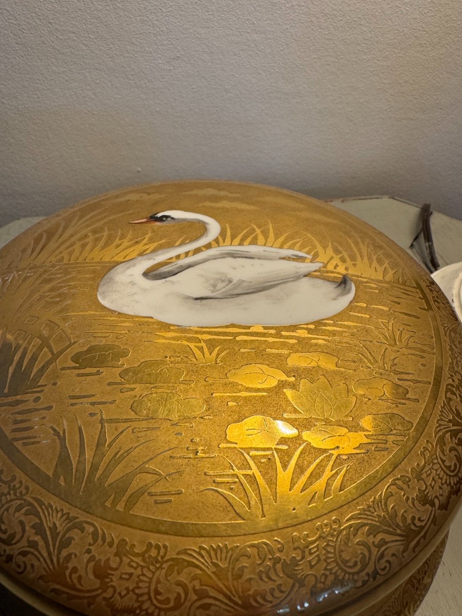 Antique Large Limoges Porcelain Candy Dish By Paulhat Swan And Gold Decor Circa 1920 -photo-5