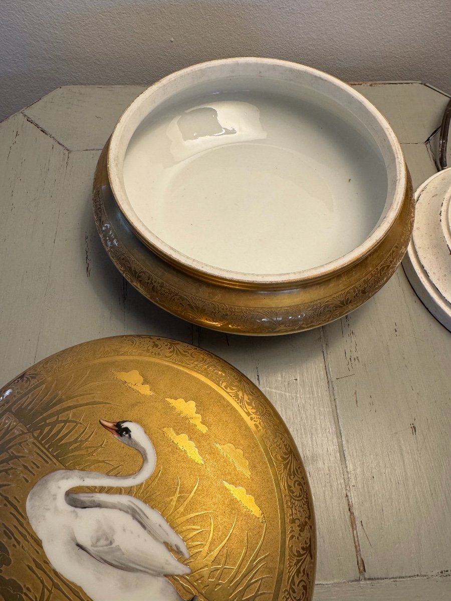 Antique Large Limoges Porcelain Candy Dish By Paulhat Swan And Gold Decor Circa 1920 -photo-6