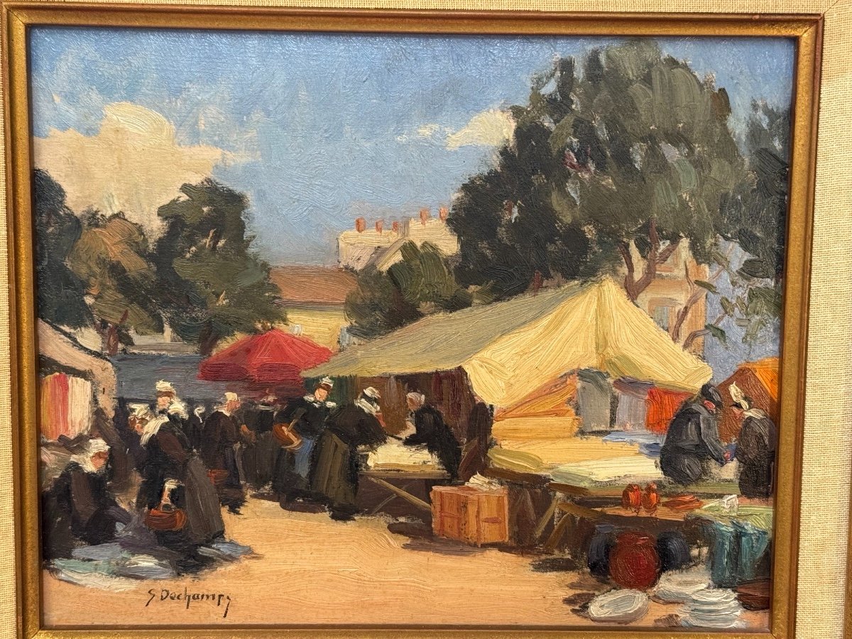 Old Oil Painting On Panel By Suzanne Dechamps: Breton Market Rouen School Normandy-photo-2