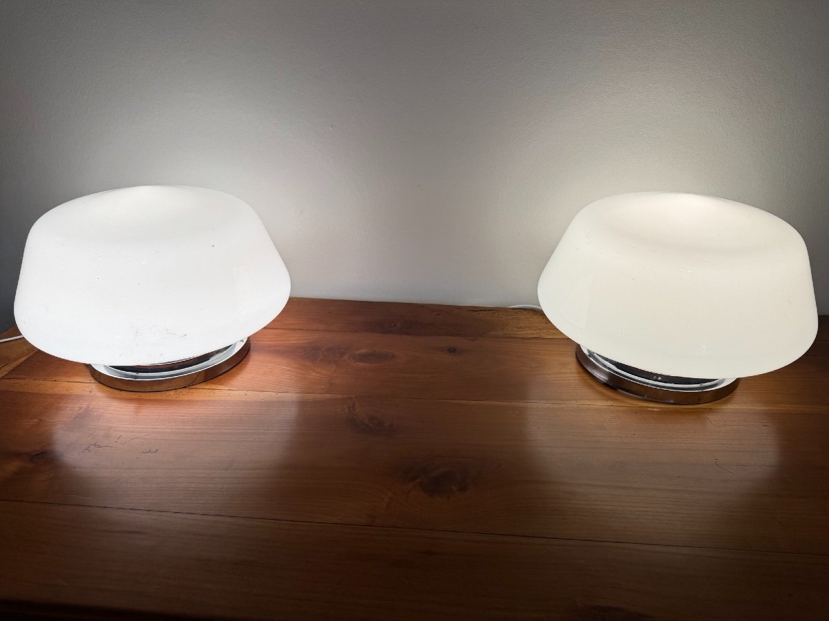 Antique Pair Of Opaline And Chrome Lamps / Ceiling Lights Circa 1930 Art Deco Table Lamp-photo-4