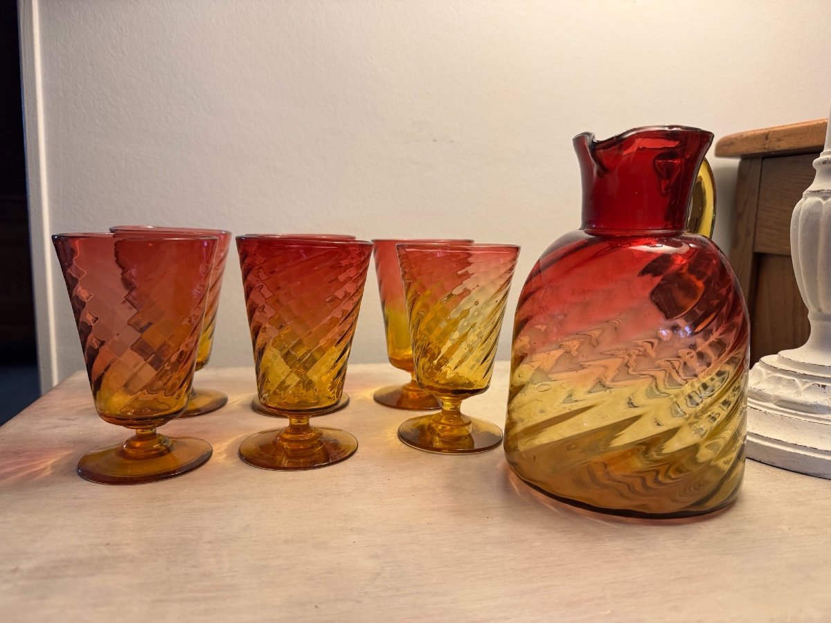 Ancien Service à Orangeade  En Verre Dégradé  De Couleurs Dans Le Goût De Baccarat Bambou-photo-4