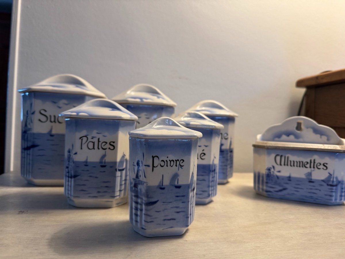 Kitchen Set: Art Deco Earthenware Spice Jars And Matchbox Circa 1930-photo-3