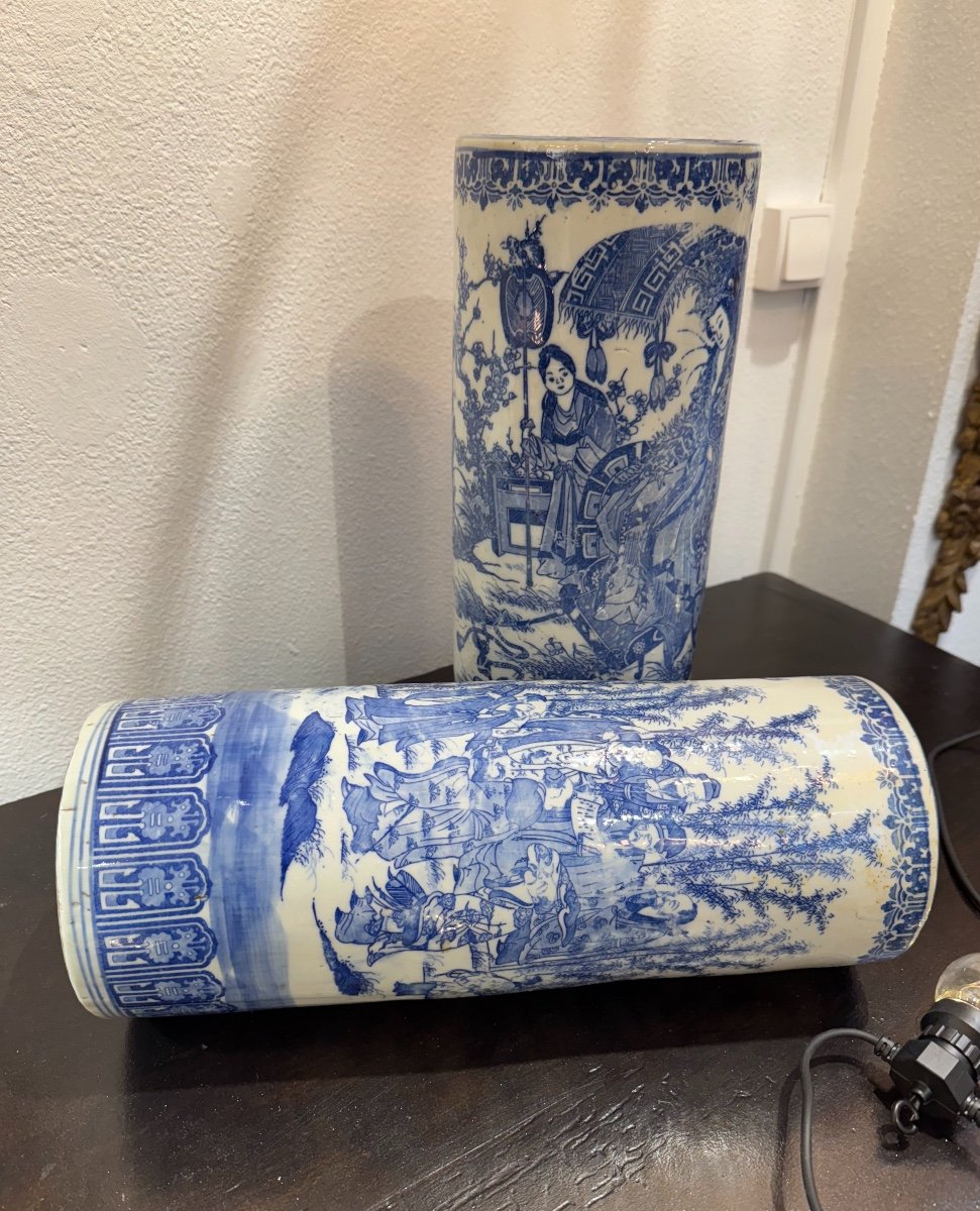 Old Pair Of Vases Called Rouleau In White Blue Chinese Porcelain Epo XIXth Old Vase