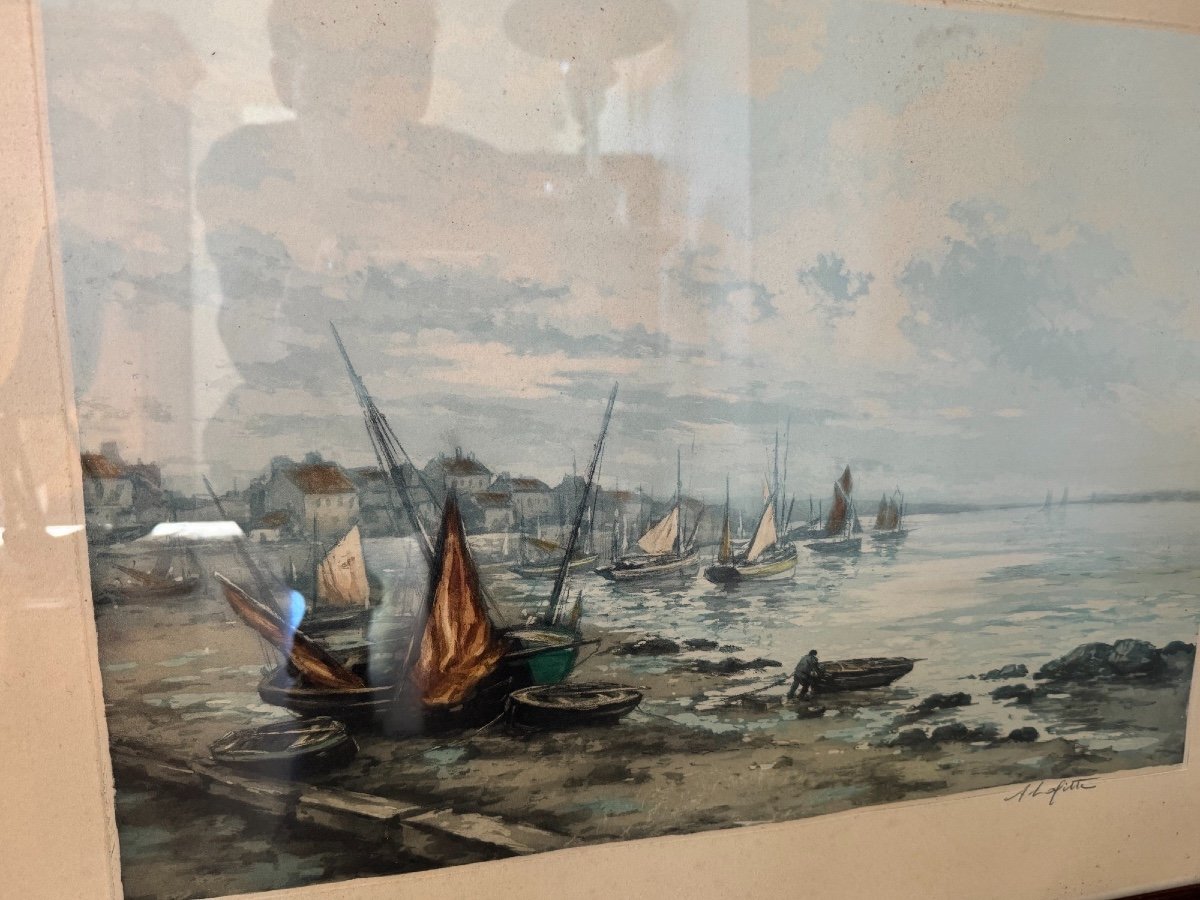 Ancien Tableau Marine à l' Aquatinte Par M Robbe A Lafitte La Bretagne à Marée Basse, Début XX -photo-2