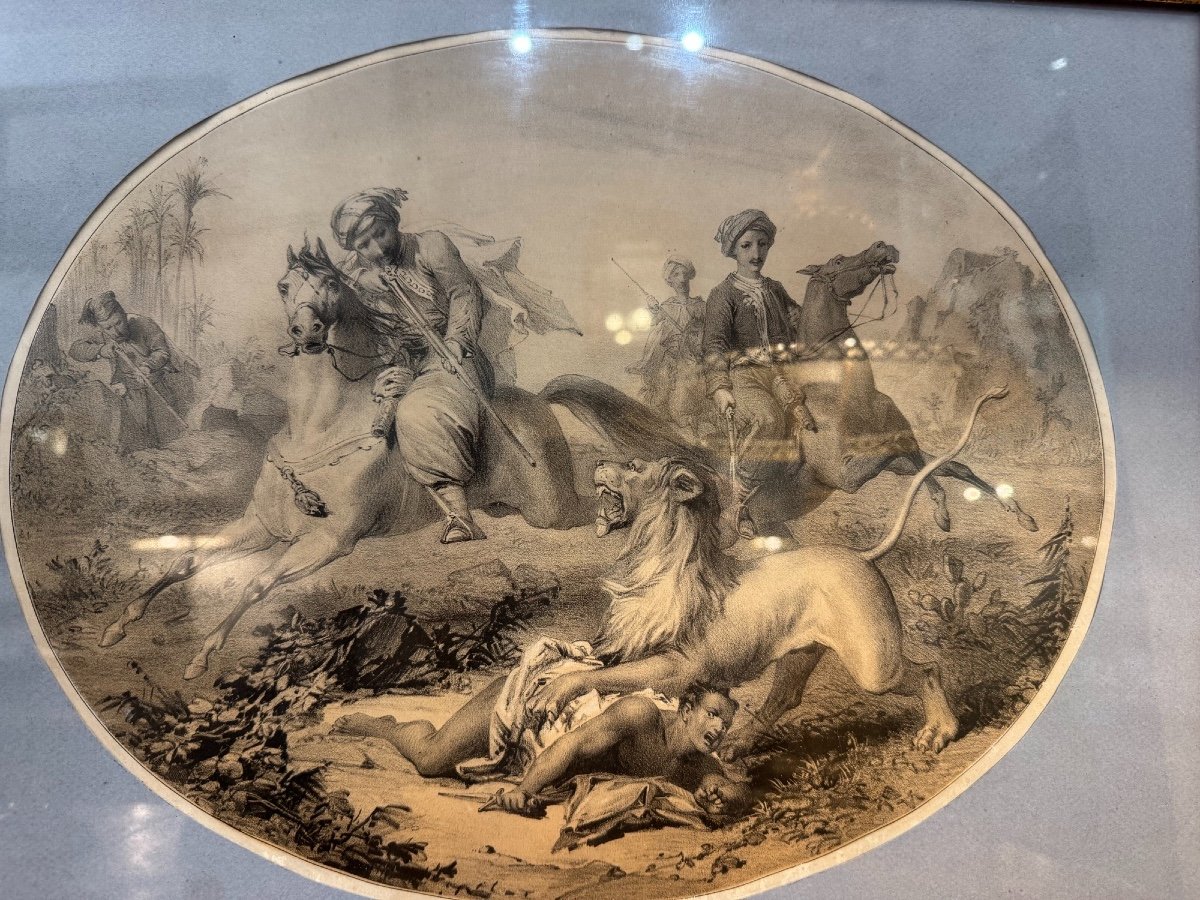 Ancienne Gravure XIX Eme La Chasse Aux Lions Par Bes Et Dubreuil-photo-3