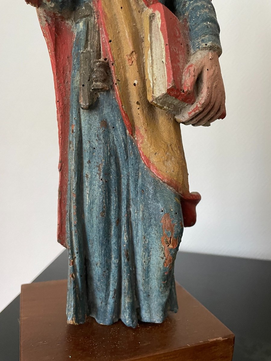 Statues Bois Polychrome Vierge Et Apôtre Sur Socle Fin XVII Eme Ancien Paire-photo-5