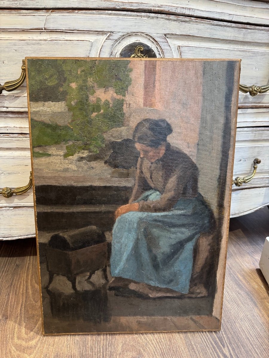  Old Painting: Coffee Roasting, Oil On Canvas Circa 1900 Hst -photo-3