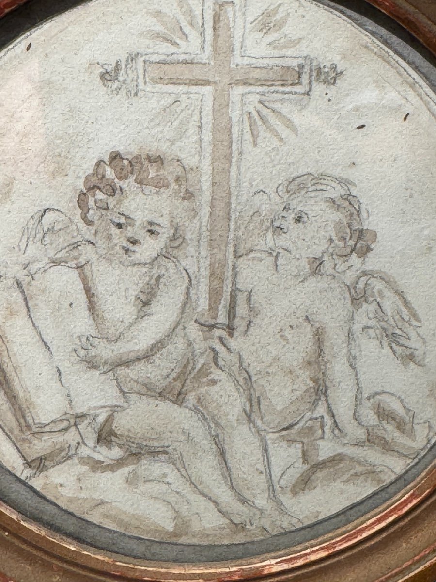 Ancien Petit Dessin Fin Du XVIII Eme Siècle Dessin Au Lavis d'Encre : Les Deux Anges en lecture-photo-4