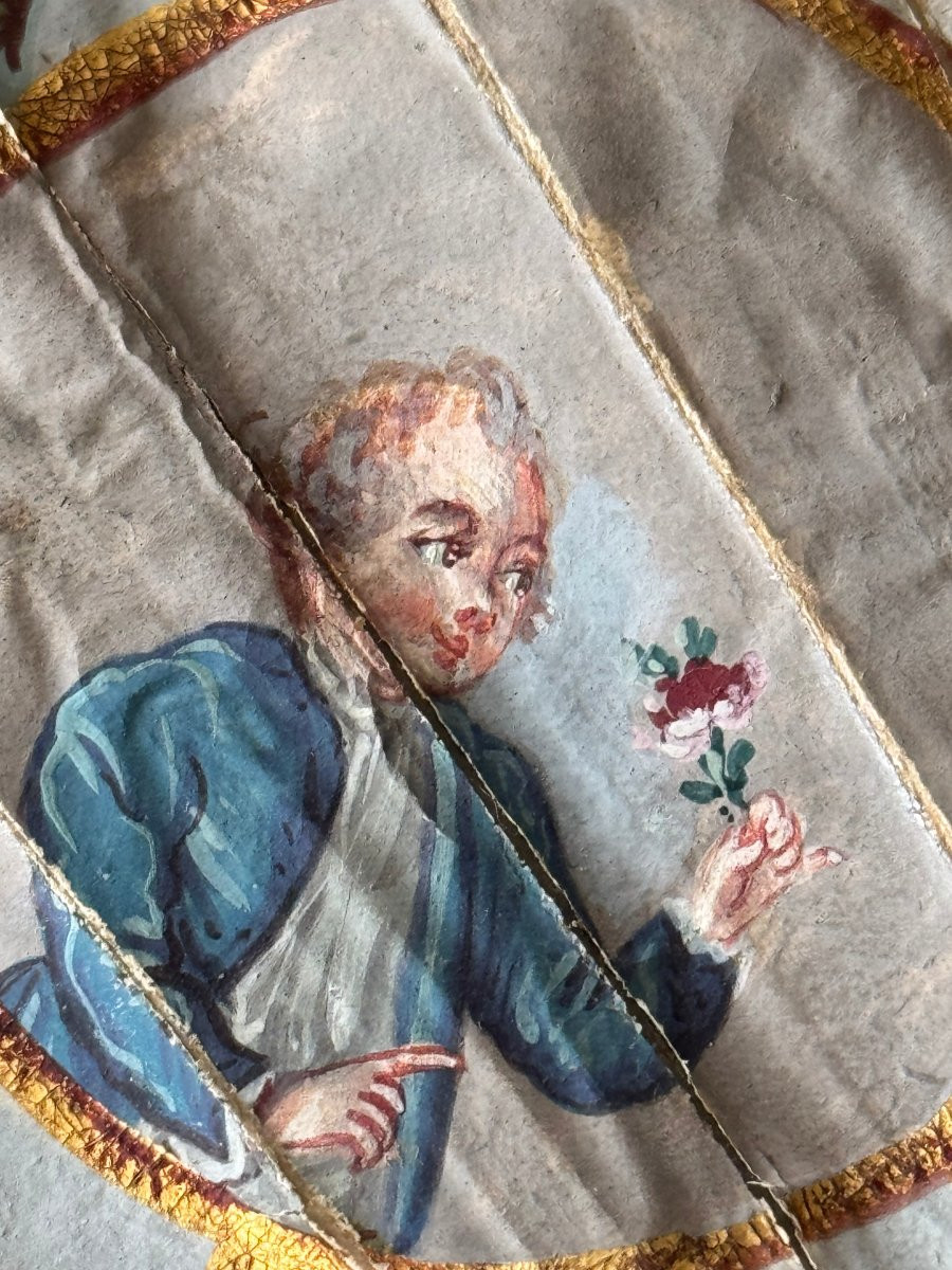 Ancien éventail Du XVIII Eme Siecle Epoque Louis XVI Gouache Enluminée Sur Papier-photo-1