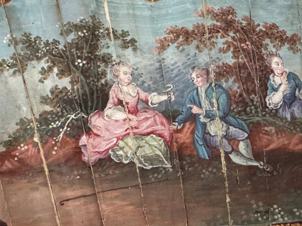 Ancien éventail Du XVIII Eme Siecle Epoque Louis XVI Gouache Enluminée Sur Papier-photo-5