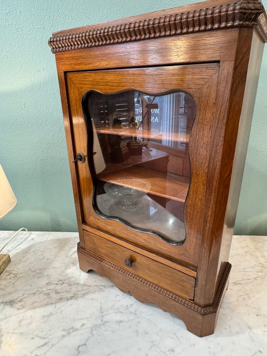 Old Small Display Cabinet With Wall Shelf In Worked Wood, Master's Cabinet From The End Of The 19th Century-photo-4