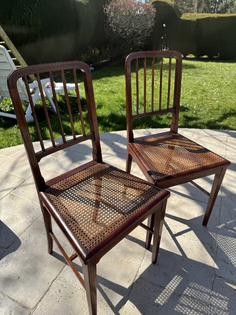 Ancienne Paire De Chaises Cannelés En Acajou Incrusté Vers 1900 Style Anglais