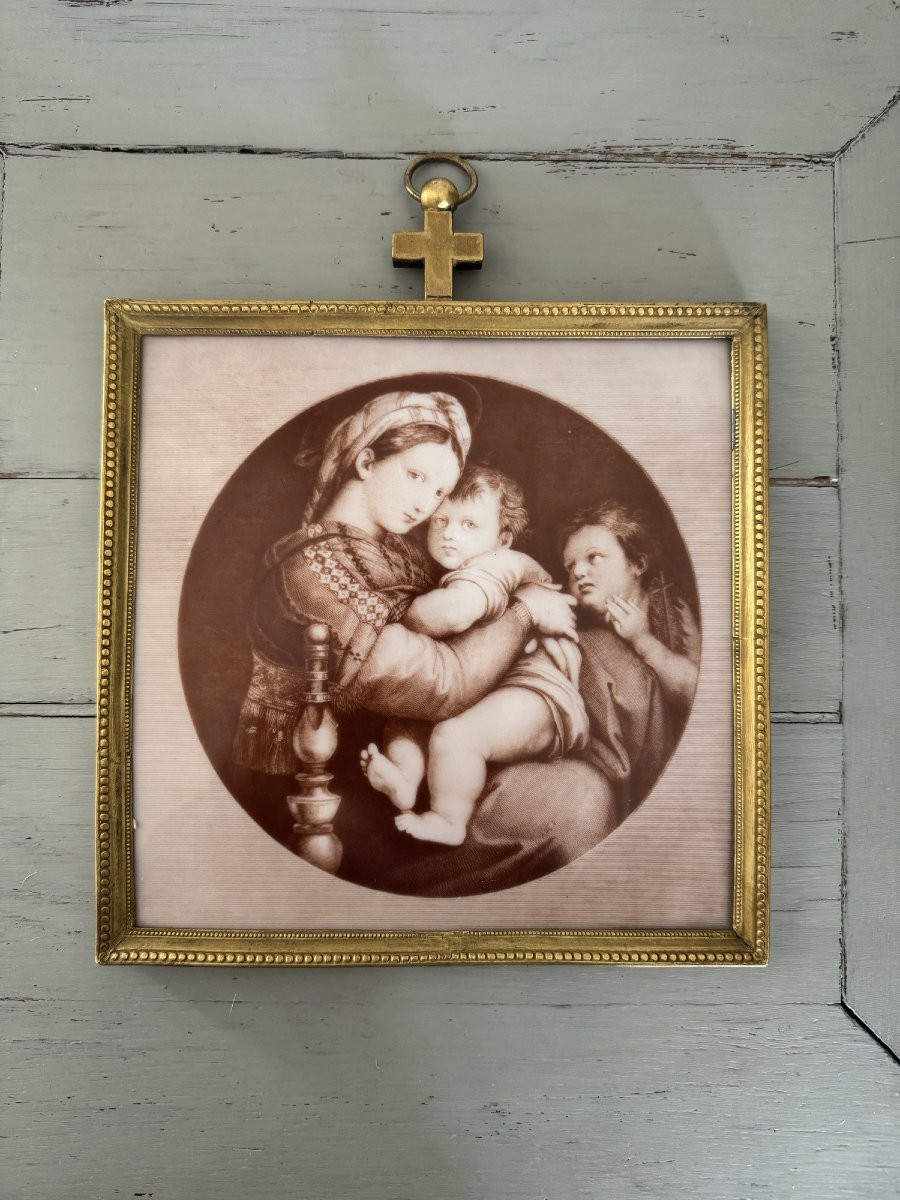 Antique Porcelain Plaque Of The Virgin Mary With A Chair In Its Antique Gilt Brass Frame, 19th Century-photo-8