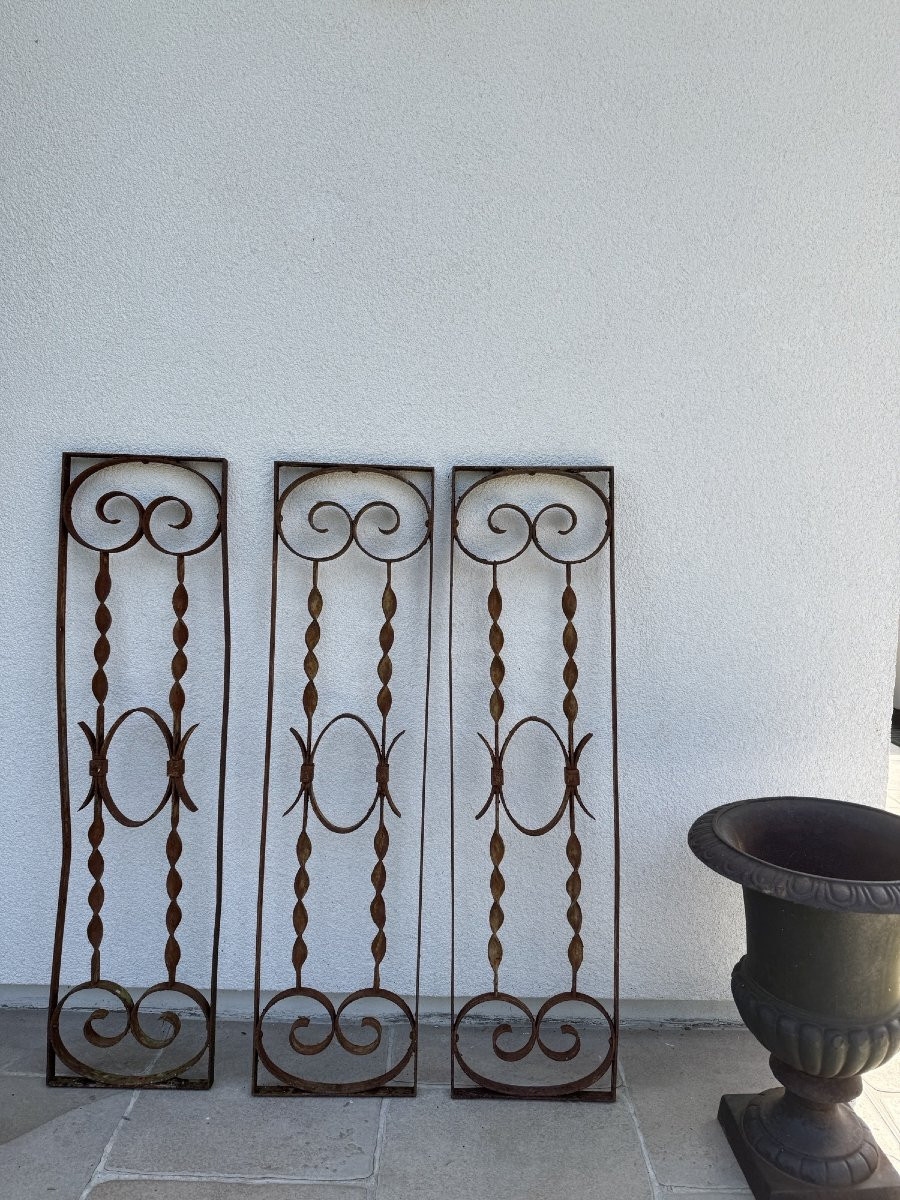 Antique Lot Of 3 Wrought Iron Grilles Circa 1900 Garden Door Window Grille-photo-2