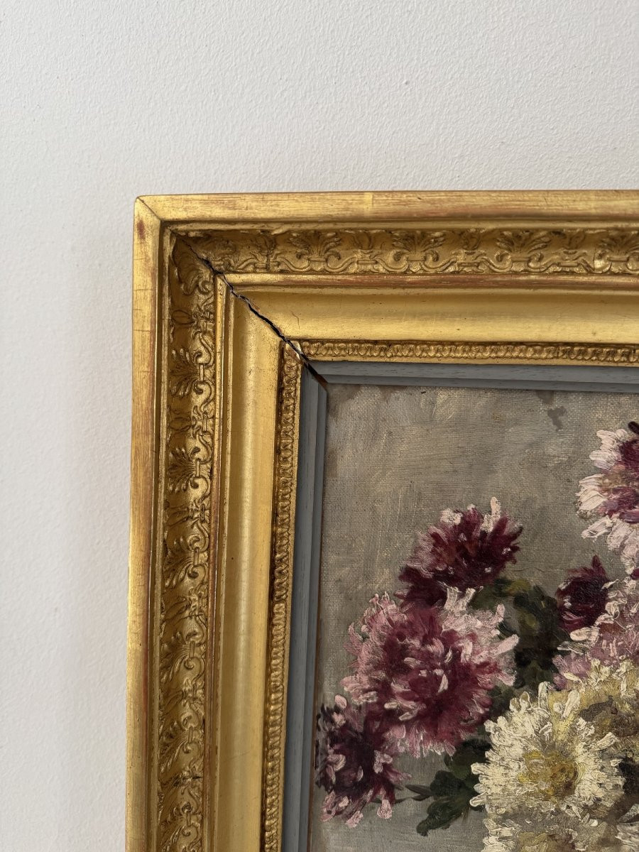 Ancien Tableau Huile Sur Toile Hst Nature Morte Fin XIX Eme : Le Bouqet De Chrysanthèmes -photo-1