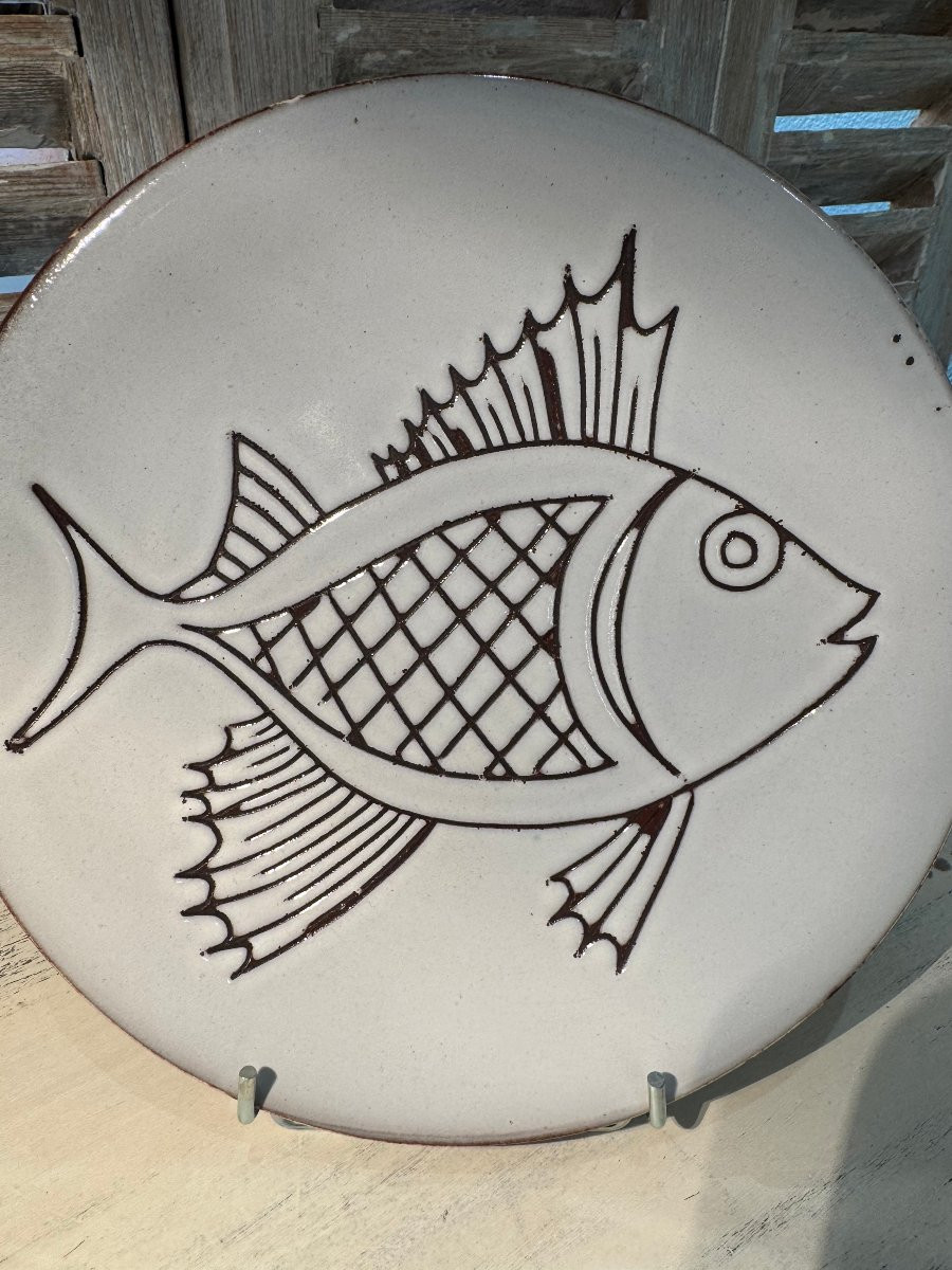 Ancienne Assiette Au Poisson En Faience De Vallauris Par Robert Picault XX Eme Faïence -photo-2