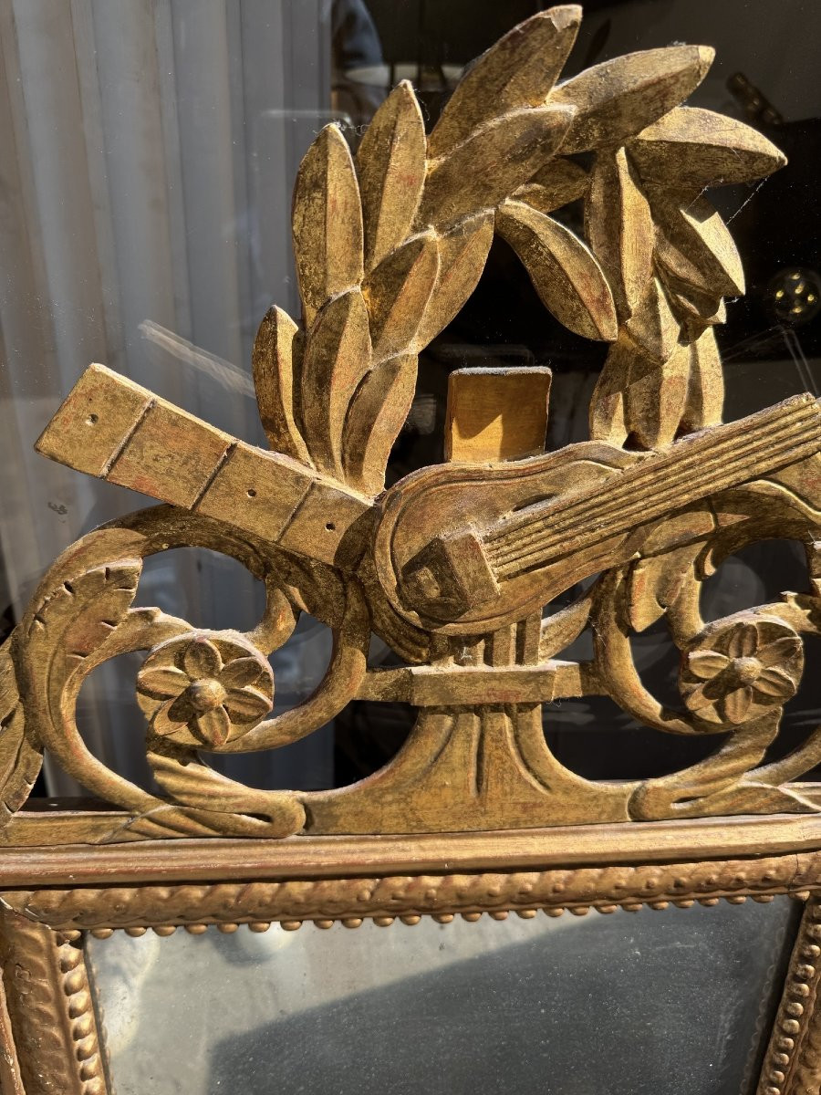 Ancien  Grand Miroir Louis XVI En Bois Doré Epoque Fin XVIII Eme Attributs De Musique 101 Cm-photo-2