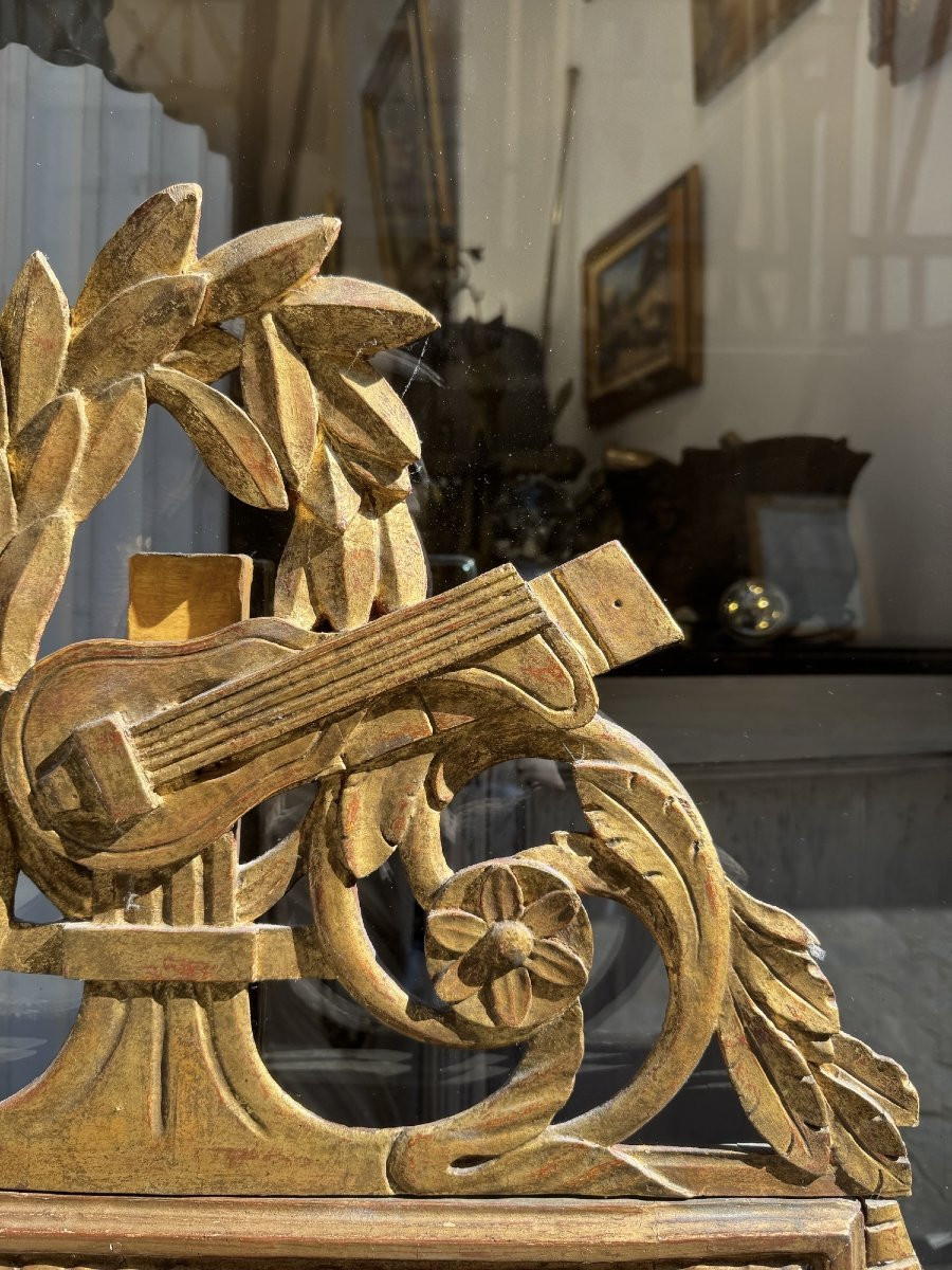 Ancien  Grand Miroir Louis XVI En Bois Doré Epoque Fin XVIII Eme Attributs De Musique 101 Cm-photo-3