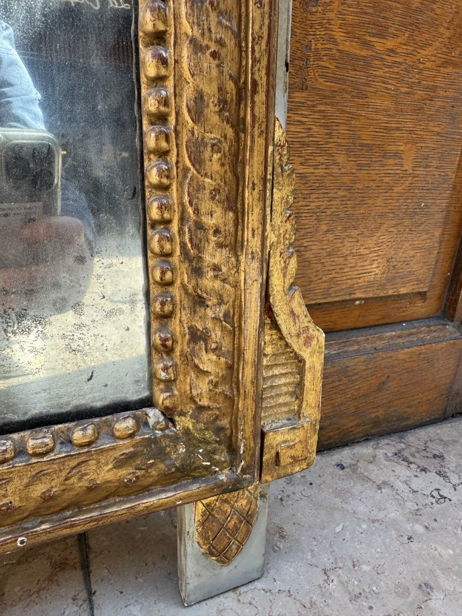 Ancien  Grand Miroir Louis XVI En Bois Doré Epoque Fin XVIII Eme Attributs De Musique 101 Cm-photo-2