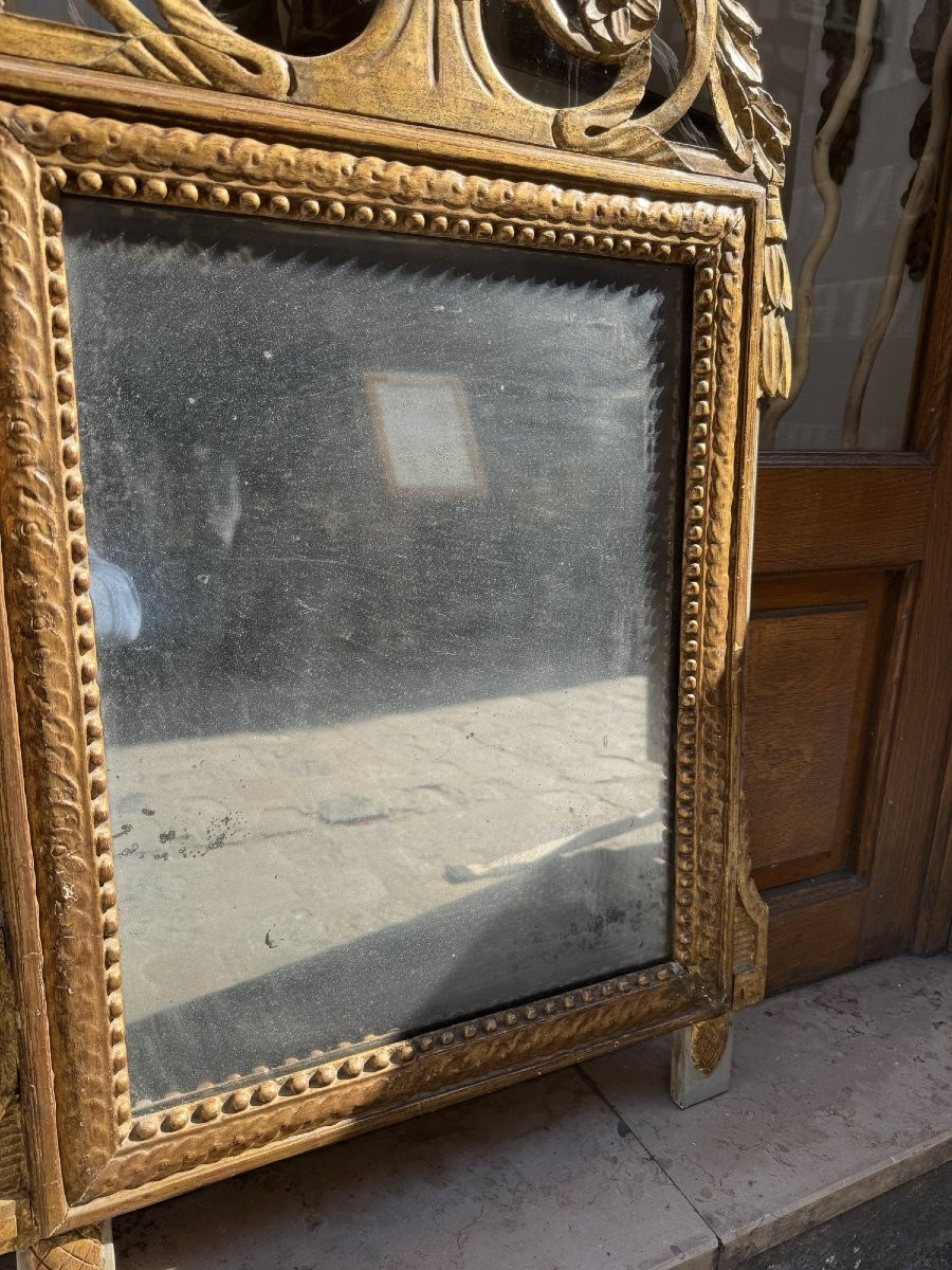 Ancien  Grand Miroir Louis XVI En Bois Doré Epoque Fin XVIII Eme Attributs De Musique 101 Cm-photo-3