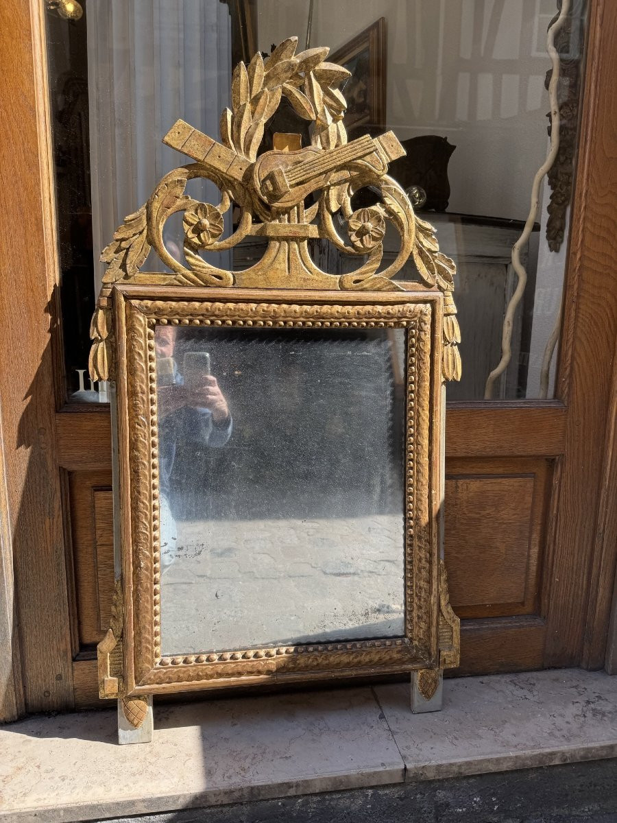 Ancien  Grand Miroir Louis XVI En Bois Doré Epoque Fin XVIII Eme Attributs De Musique 101 Cm-photo-5