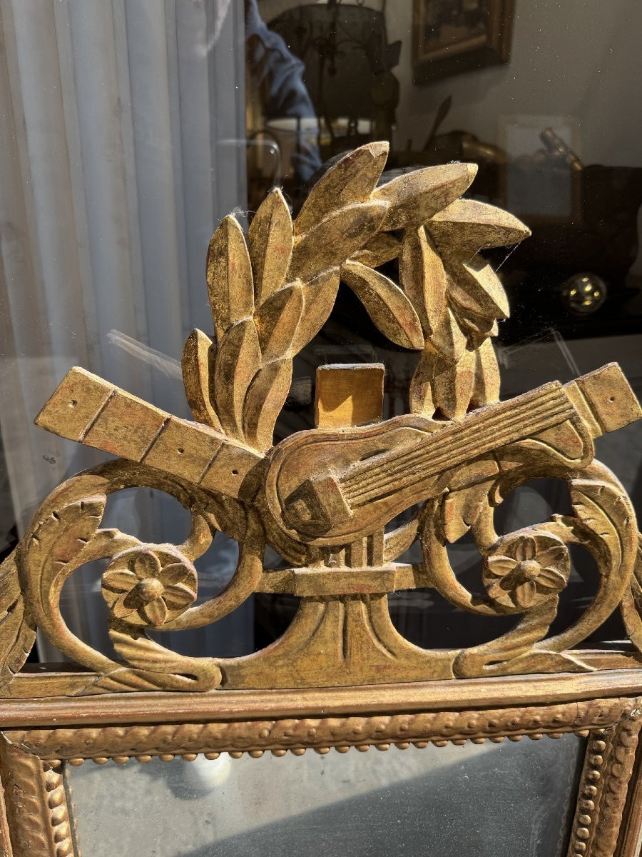 Ancien  Grand Miroir Louis XVI En Bois Doré Epoque Fin XVIII Eme Attributs De Musique 101 Cm-photo-7