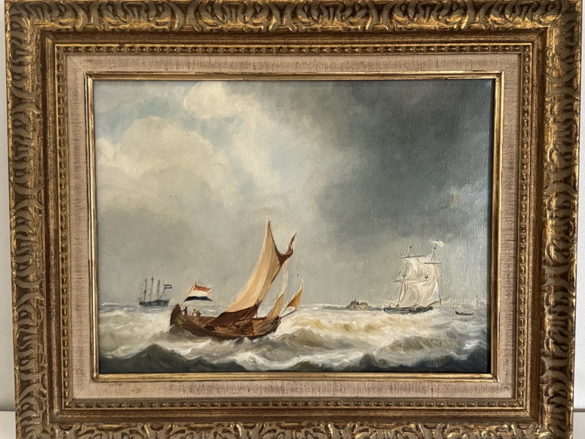 Ancien Tableau Marine Début Du XX Eme Siècle Huile Sur Toile -photo-2