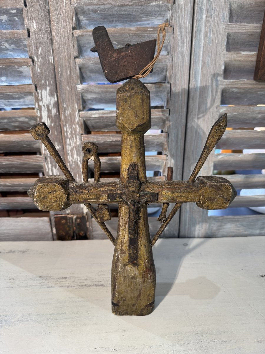 Art Populaire, Ancienne Croix De Marinier En Bois Polychrome XVIII Eme Siècle Rare -photo-2