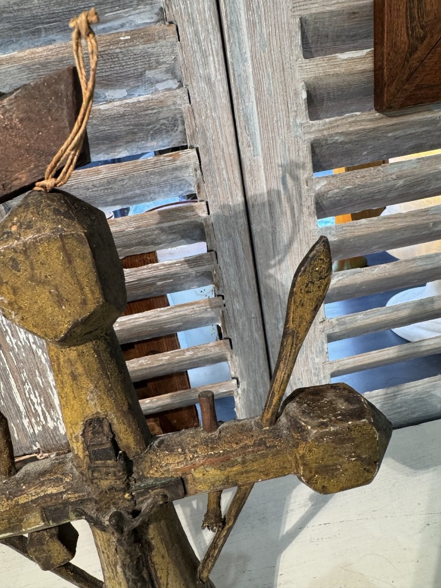 Art Populaire, Ancienne Croix De Marinier En Bois Polychrome XVIII Eme Siècle Rare -photo-4