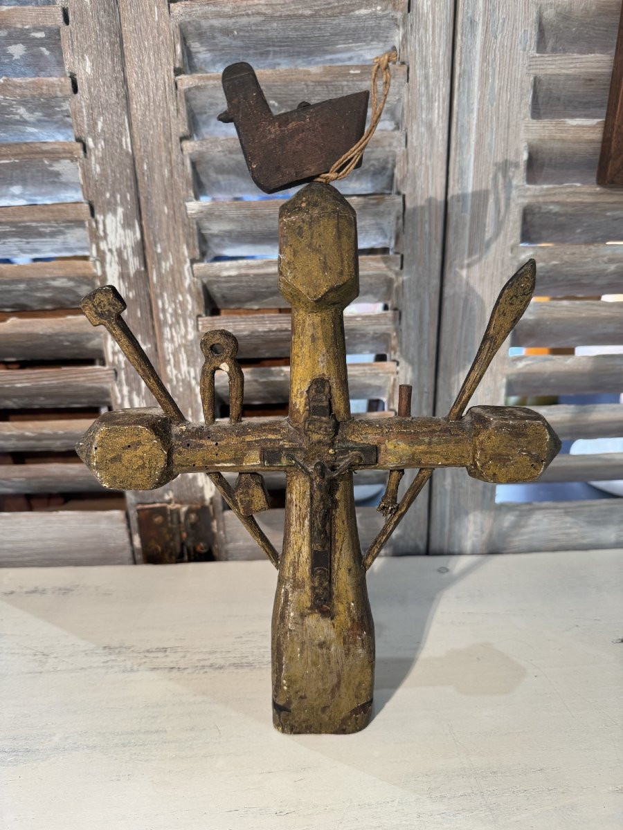 Art Populaire, Ancienne Croix De Marinier En Bois Polychrome XVIII Eme Siècle Rare -photo-5