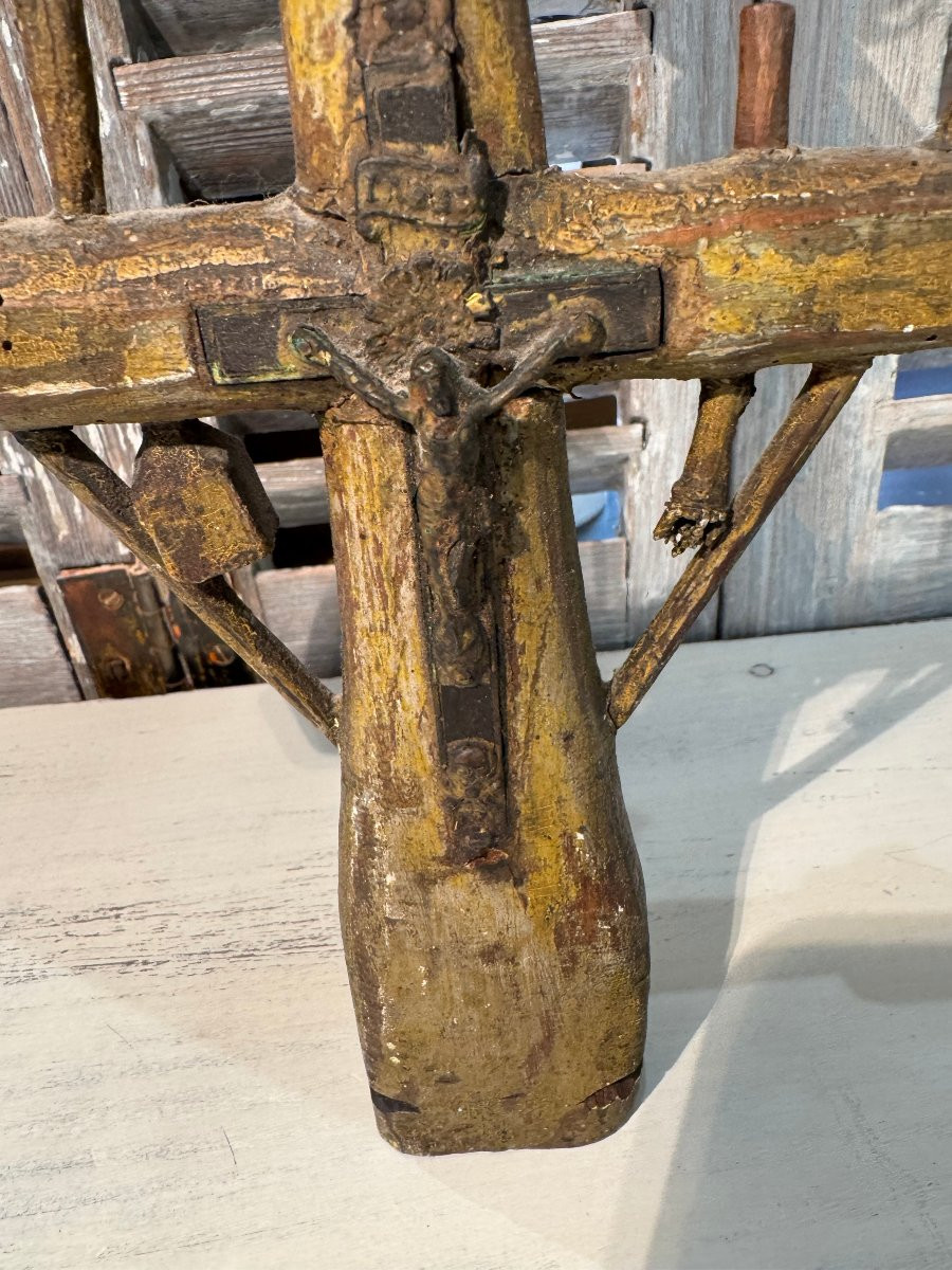 Art Populaire, Ancienne Croix De Marinier En Bois Polychrome XVIII Eme Siècle Rare -photo-6