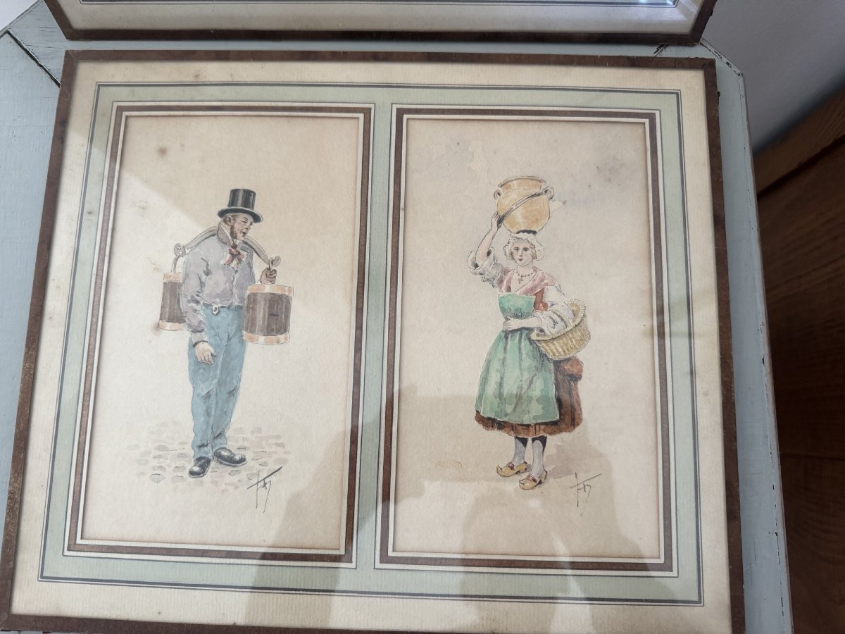 Ensemble De 7 Petites Aquarelles Vers 1900 Signé Fd Mode Et Métier-photo-4