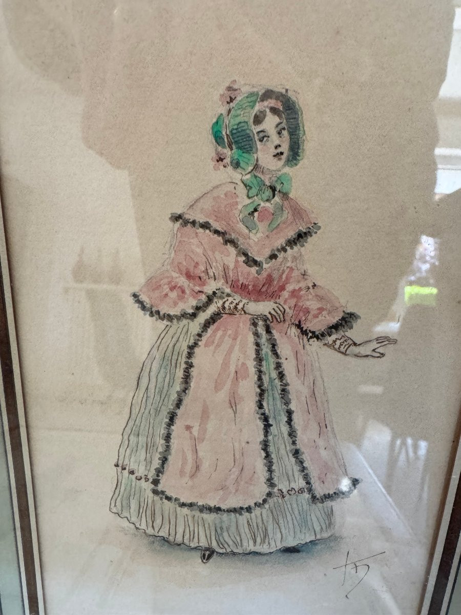 Ensemble De 7 Petites Aquarelles Vers 1900 Signé Fd Mode Et Métier-photo-7
