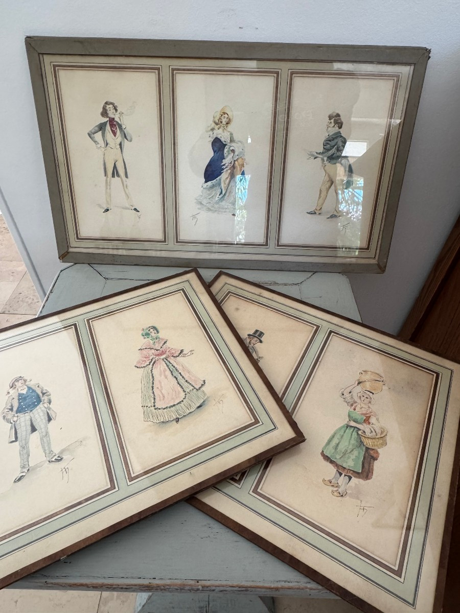 Ensemble De 7 Petites Aquarelles Vers 1900 Signé Fd Mode Et Métier