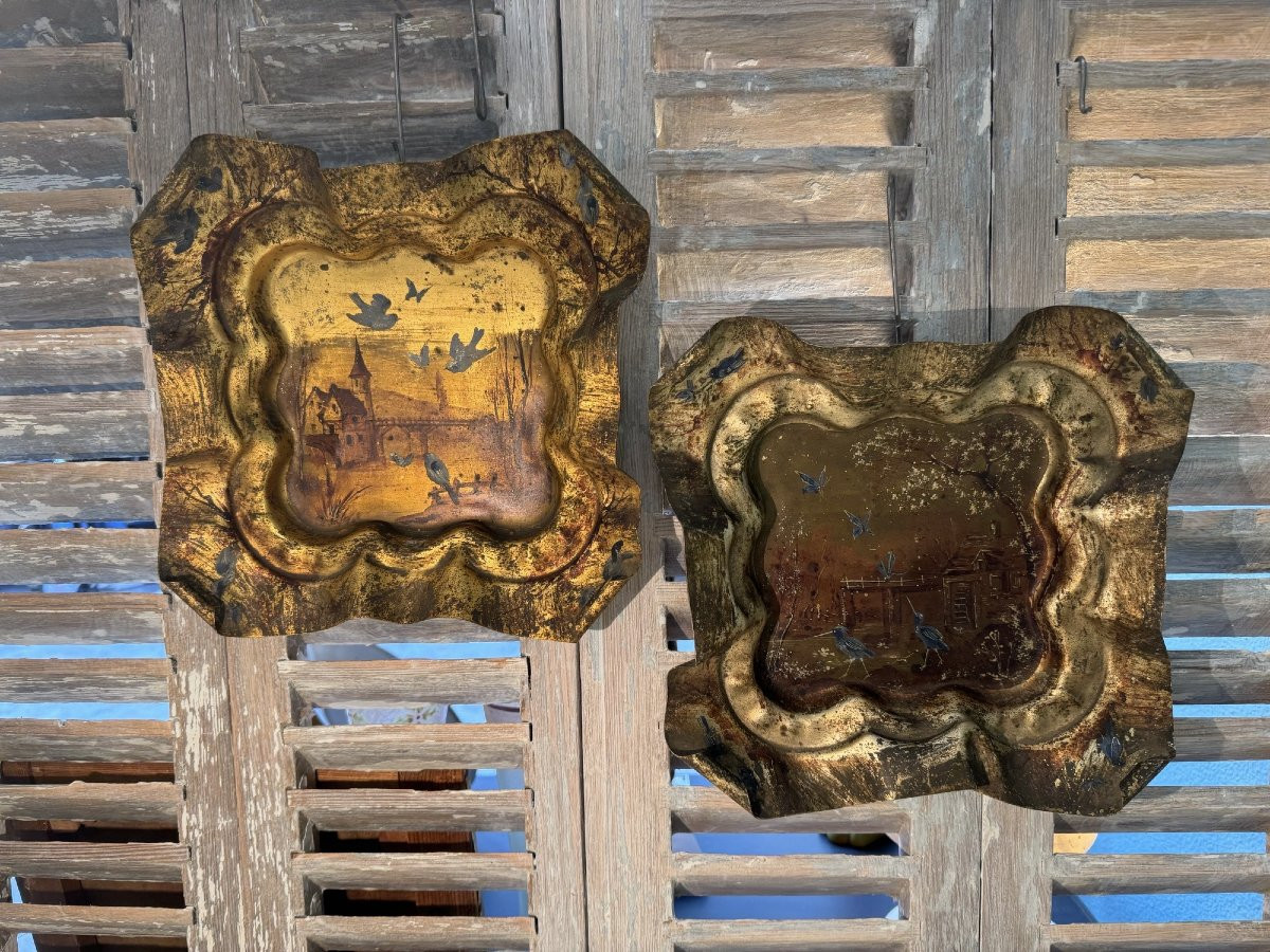 Antique Pair Of Decorative Trays In Hand-painted And Gilded Patinated Metal, 19th Century, Italy-photo-6