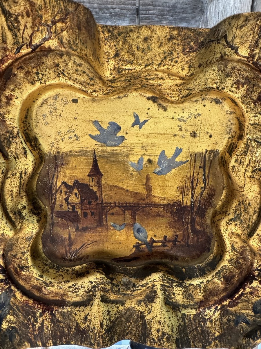 Antique Pair Of Decorative Trays In Hand-painted And Gilded Patinated Metal, 19th Century, Italy-photo-7