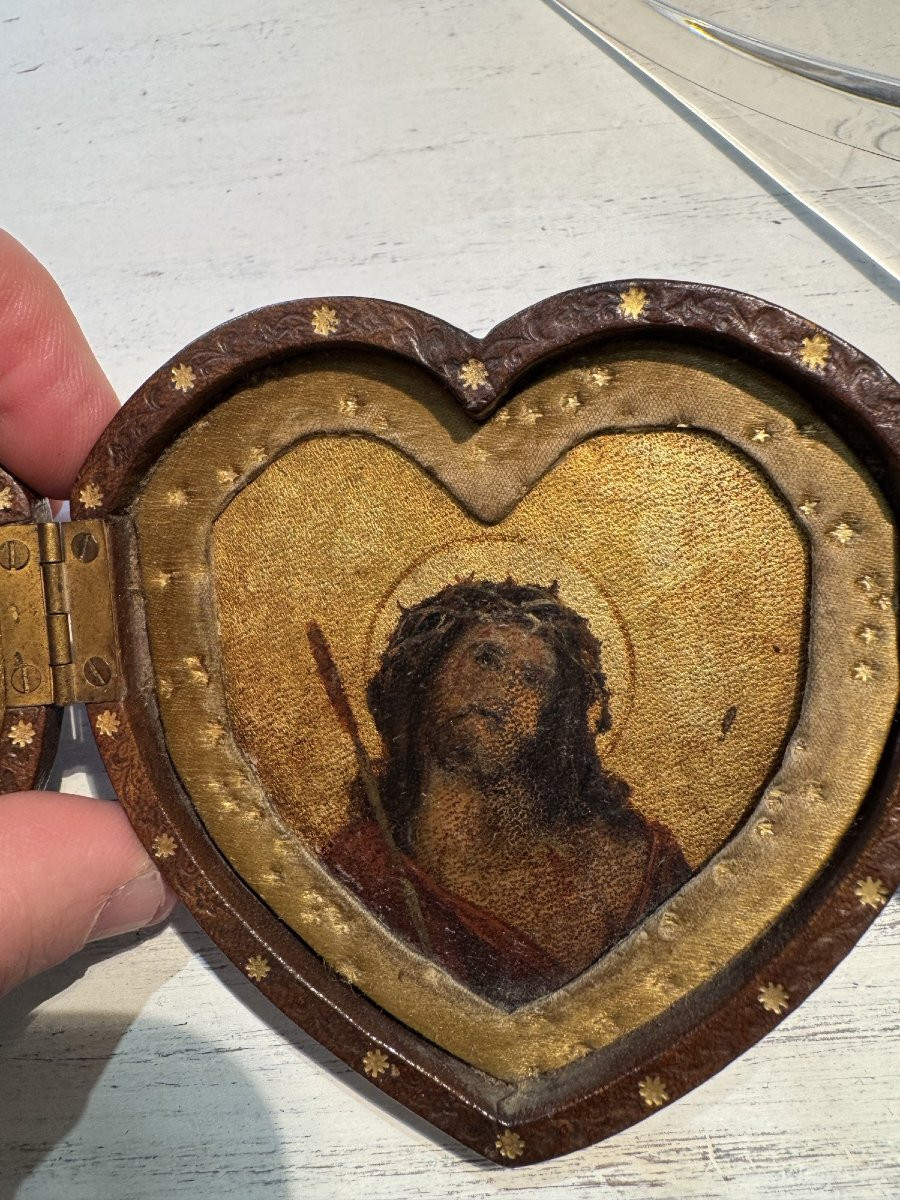 Antique Ex Voto Portable Altar Pocket Or Travel End Of 19th Beginning Of 20th Century Leather Religion-photo-2