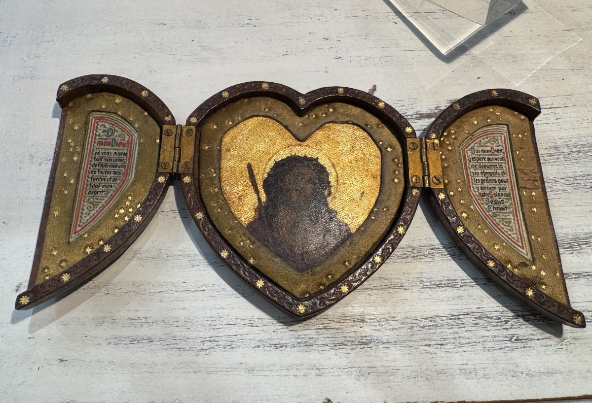 Antique Ex Voto Portable Altar Pocket Or Travel End Of 19th Beginning Of 20th Century Leather Religion-photo-1