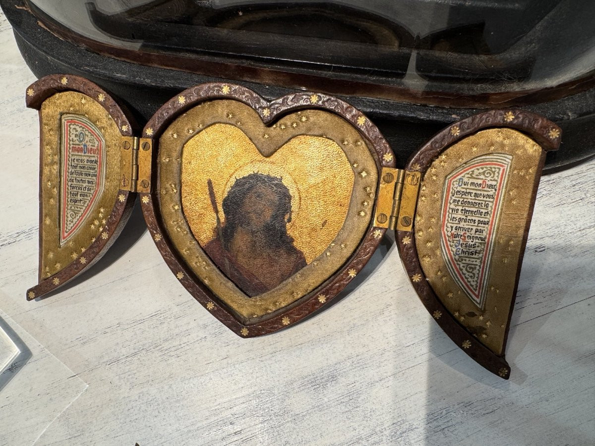 Antique Ex Voto Portable Altar Pocket Or Travel End Of 19th Beginning Of 20th Century Leather Religion-photo-6