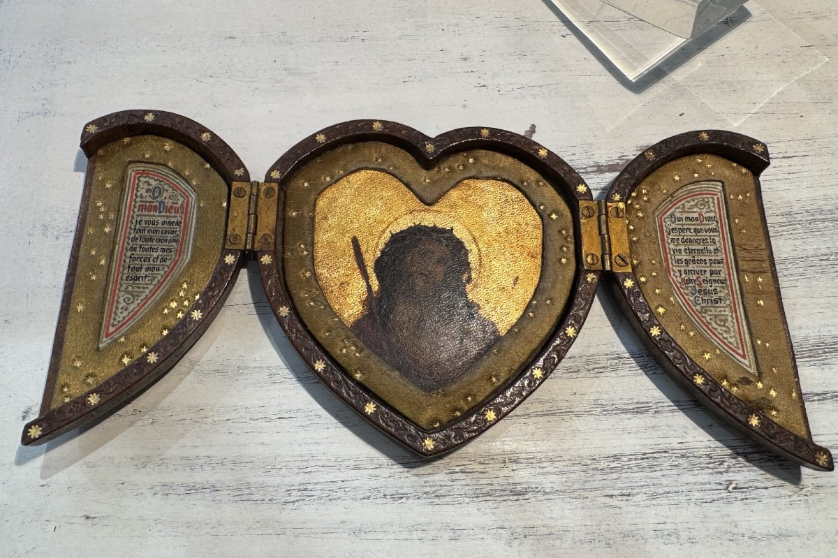 Antique Ex Voto Portable Altar Pocket Or Travel End Of 19th Beginning Of 20th Century Leather Religion
