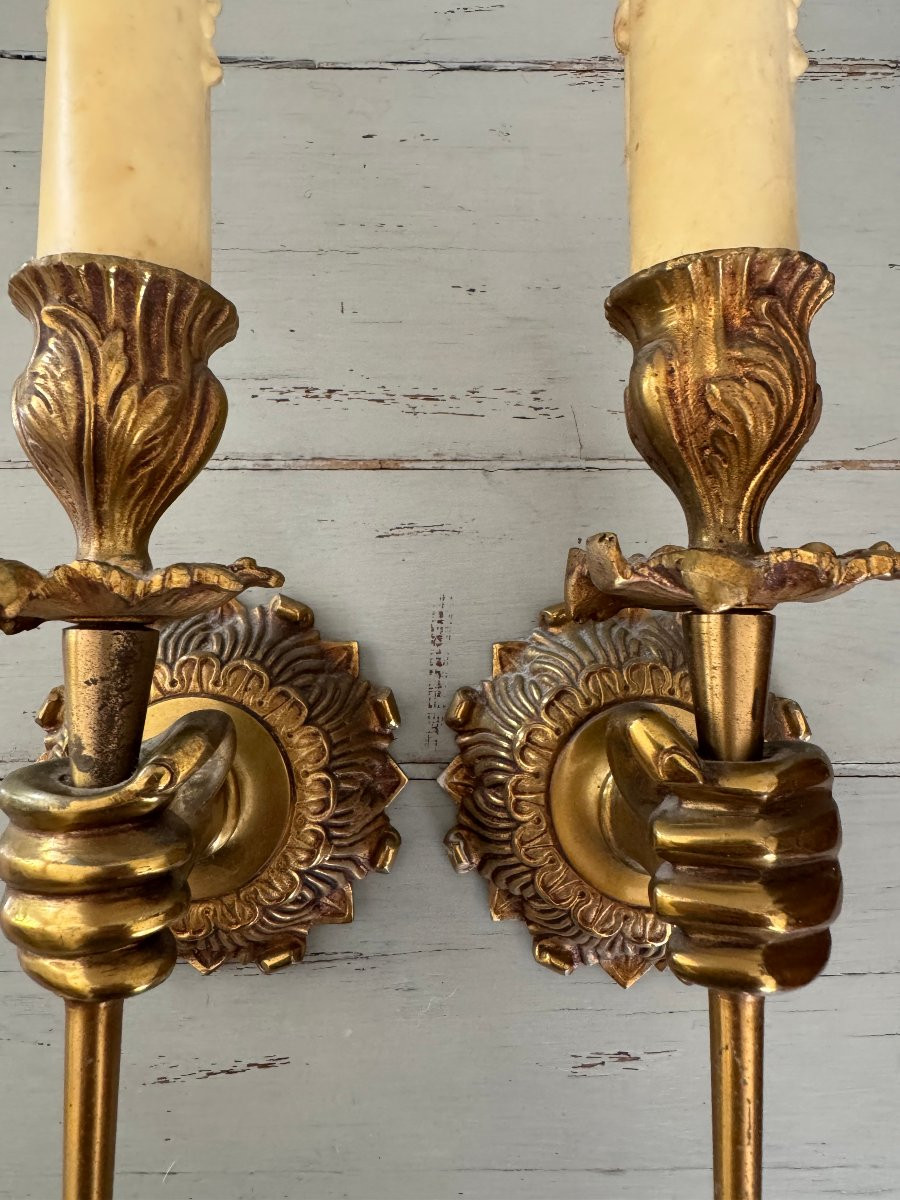 Antique Pair Of Gilt Bronze Sconces In The Style Of Maison Bagues 20th Century Torch Hand-photo-3