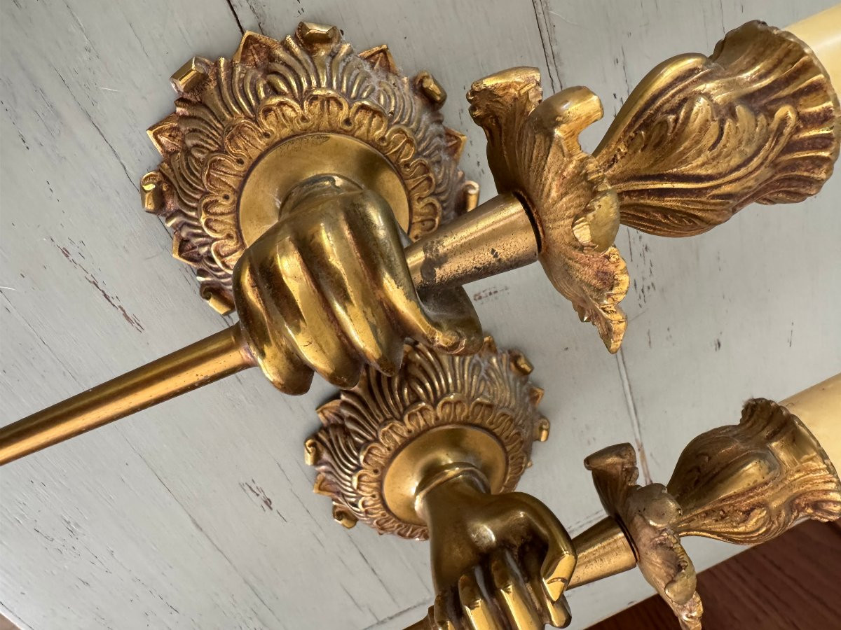 Antique Pair Of Gilt Bronze Sconces In The Style Of Maison Bagues 20th Century Torch Hand-photo-4